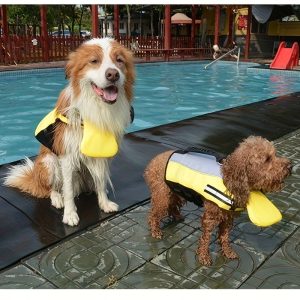 Reflective Dog Life Jacket, High Buoyancy Safety Swim Vest with Rescue Handle, Tear-Resistant Nylon & PVC Life Saver, Adjustable Striped Pet Floatation Device for Swimming, Boating - Medium Dogs