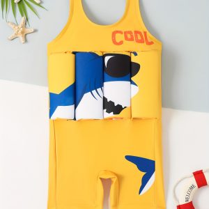 Boys Cute Shark Print Sleeveless Zipper One-Piece Floatation Swimsuit With Adjustable Buoyancy For Water Surfing Swimming Diving