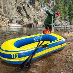 COMCO Inflatable Fishing Kayak Series with Deluxe Oars and High-Output Pump, Durable PVC Construction, Rudder Navigation System - Yellow