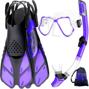 Mask Fins Snorkel Set, Snorkeling Gear for Adults, Panoramic View Snorkel Mask Anti-Fog, Adjustable Dive Flippers, Dry Top Snorkel and Travel Bag, Scuba Gear for Swimming Snorkeling Diving